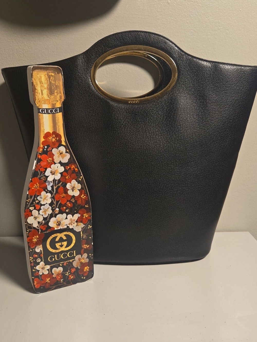 Gucci Black Leather Tote with Gold Oval Handle Accent